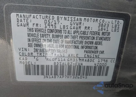 2017 Nissan Sentra S z USA, uszkodzony, nr VIN 3N1AB7AP7HY326045